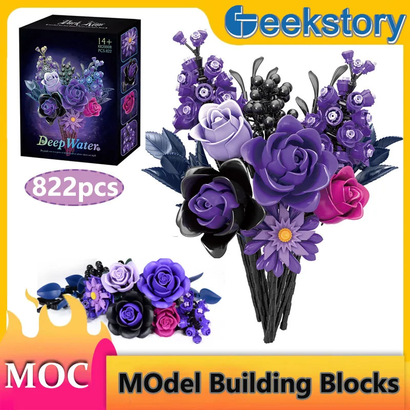 

MOC Simulation Purple Rose Bouquet Building Blocks Set 822pcs Artificial Botanical Decor Toys Bricks Valentines Birthday Gifts