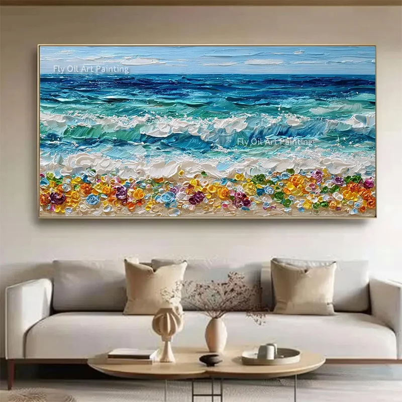Large Handmade Blue White Ocean Wave Canvas Thick Wall Art Modern Style People Surfing Beige Beaches Oil Painting For Room Decor