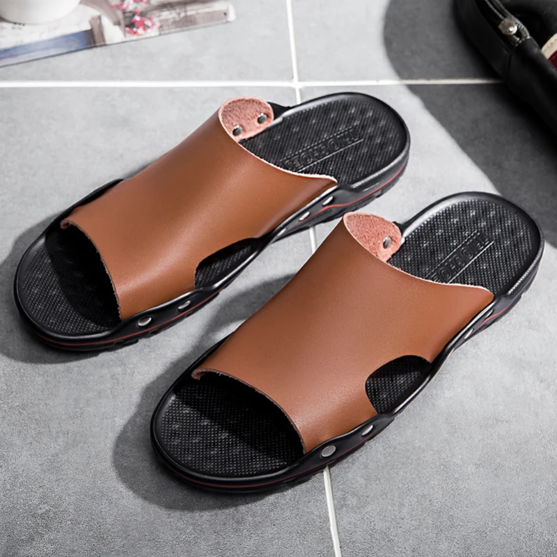 Summer Men's Slippers Genuine Leather High Quality Home Slippers Outdoor Beach Sandals Large Size Non-slip Men's Casual Slippers