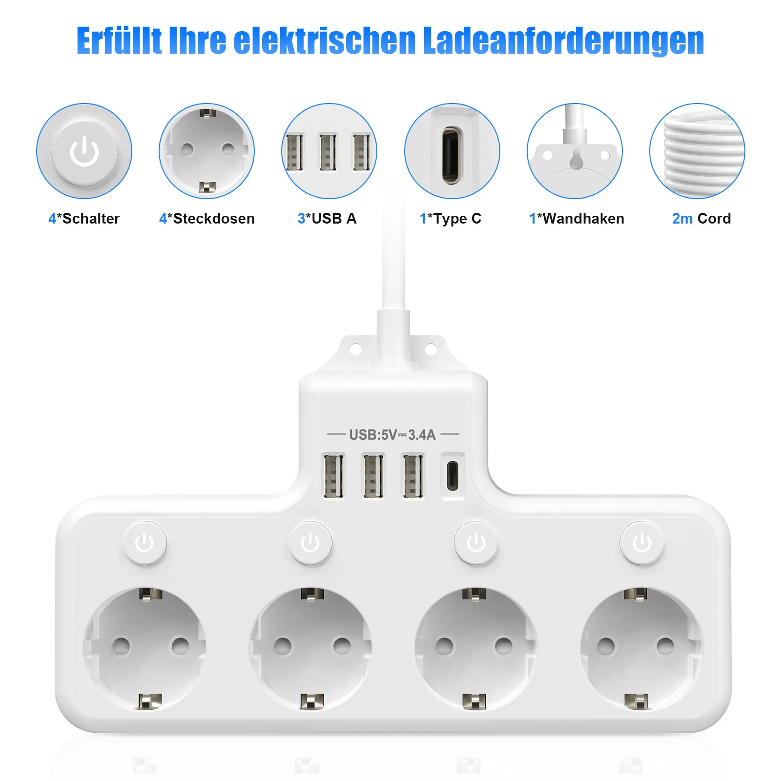 European plug power strip with 4 AC power sockets, 3 USB 1 Type-C port, 2 meter extension cable, with independent switch