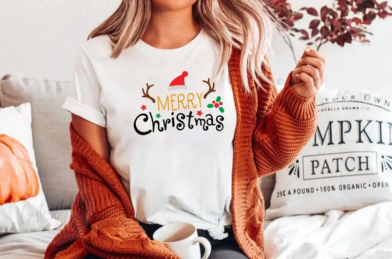 Merry Christmas Santa Hat Reindeer Shirt Cute Christmas Christmas Women's Christmas Shirt Holiday Christmas Aesthetic Clothes