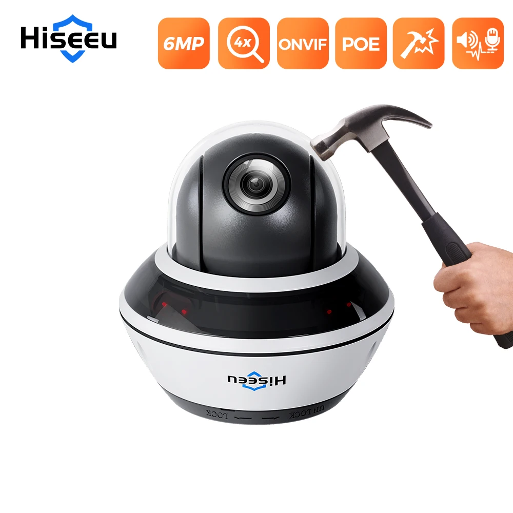 

Hiseeu 6MP Антивандальная IP-камера POE PTZ 4-кратный оптический зум Двустороннее аудио Ночное видение Обнаружение человека на открытом воздухе