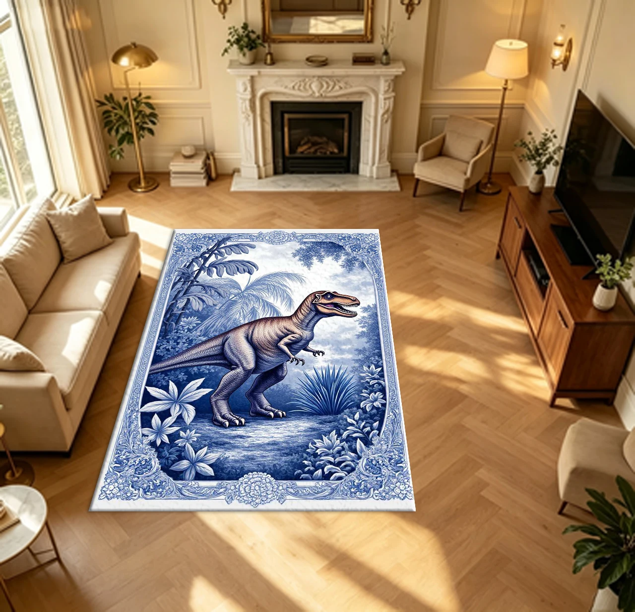 Vintage Blue and White Porcelain Style Dinosaur Carpet Flooring Retro Ornate Floral Frame Household Indoor Decor Area Rug