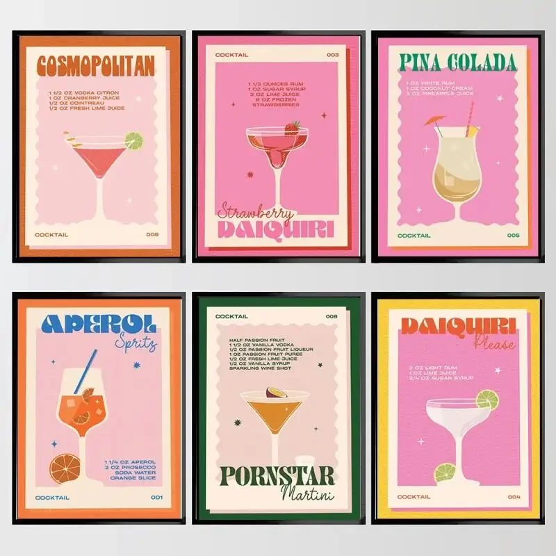 Póster nórdico vintage de cóctel, obra de arte en lienzo, Margarita, Martini francés, Bloody Mary, imagen minimalista, cocina