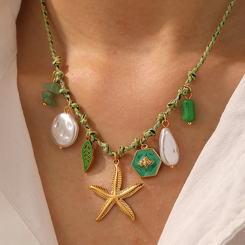 LAMENGLY Novel Green Rope Chain Leaf Stone Starfish Charm Necklace Women 316l Stainless Steel Waterproof Jewelry Gift Neck Chain