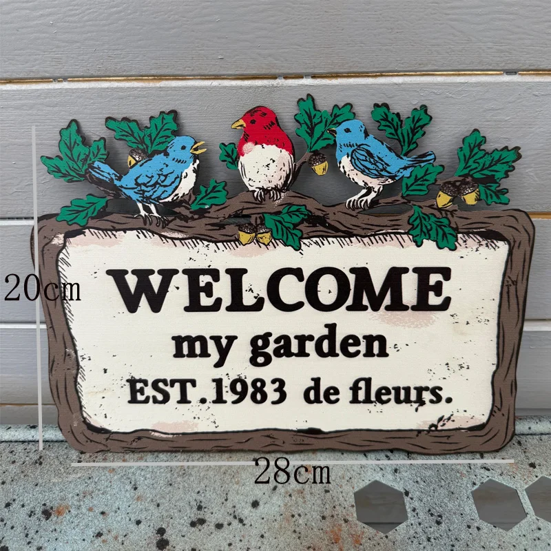 Rustic Garden Welcome Sign, Decorative Birds with Oak Leaves, Galvanized Metal Wall Plaque, Vintage Distressed Finish, 28x20cm