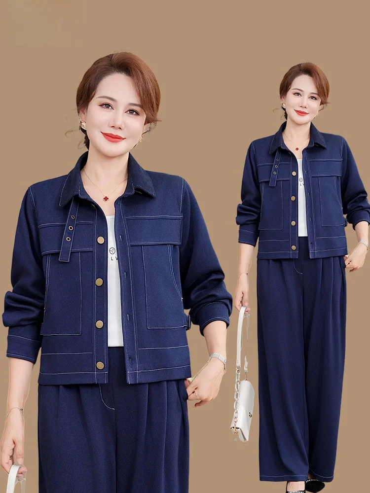 ele-mommy-autumn-outfit-denim-jaet-set-faionable-mid-aged-and-ly-women's-spring-autumn-top-open-cardigan
