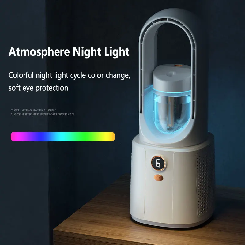 Bladesess Fan with Night Light Spray, Refrigerador de ar, Umidificador, USB, Desktop, Portátil, Silencioso, Ar condicionado, Mi, 2023