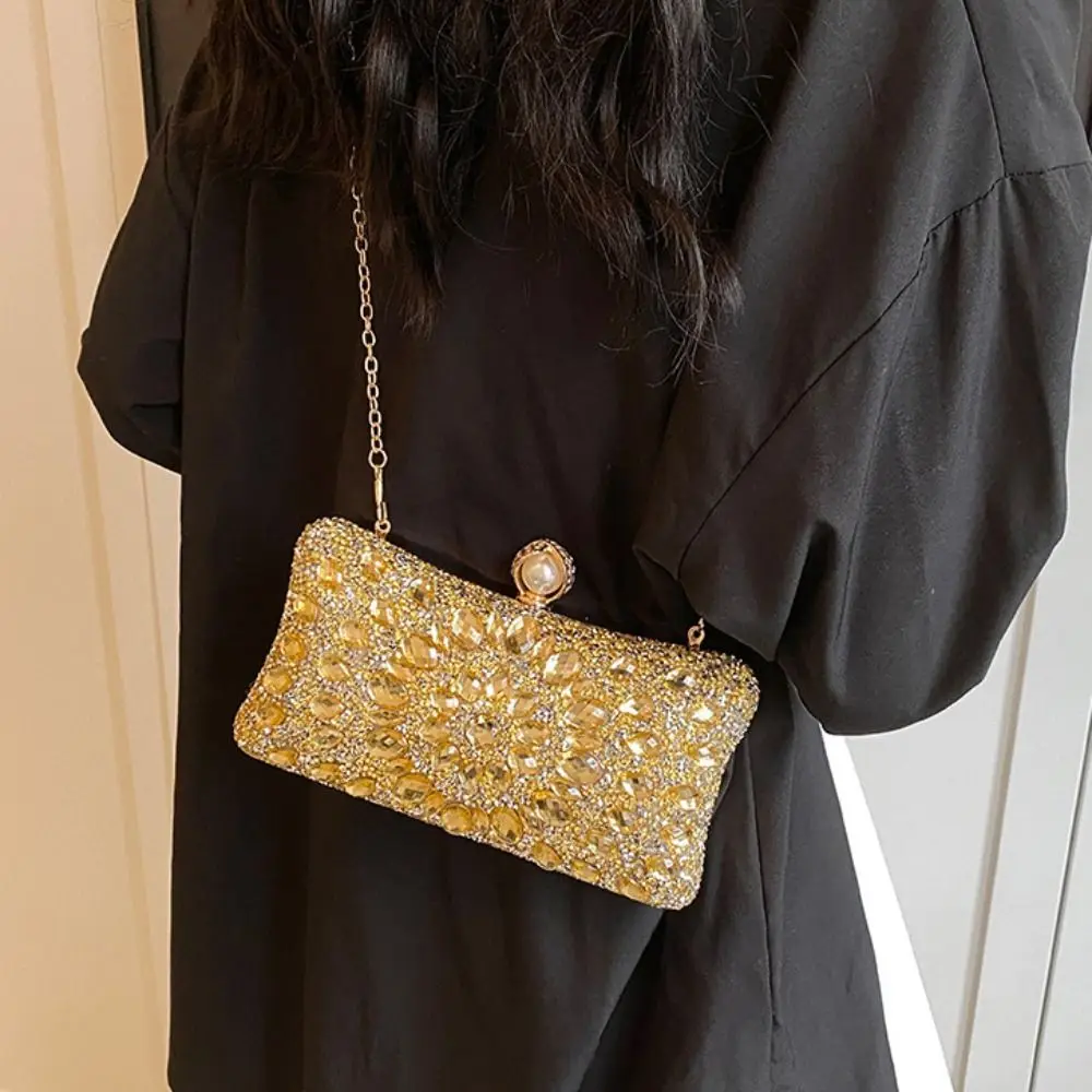 Retro Shiny Evening Banquet Bag Sequin Bling Crystal Colorful Rhinestone Shoulder Bag Purse Pearl Chain Crossbody Bag Wedding