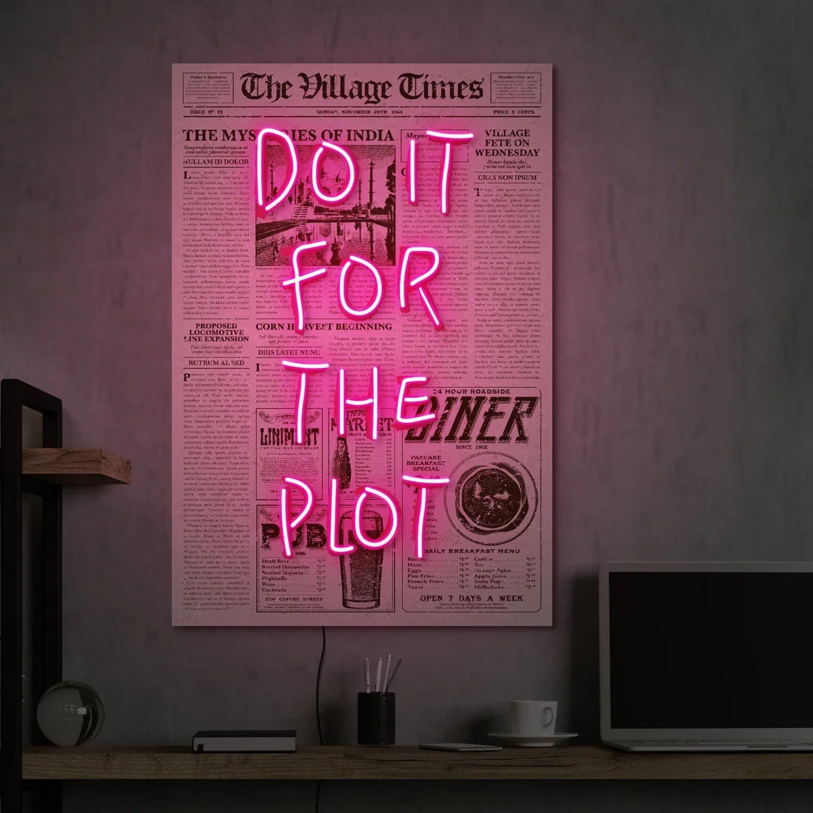 Do it for the plot Neon Sign Do it for the plot wall art Neon Poster on Newspaper Pop Neon art Quote Led Sign Retro Neon Sign