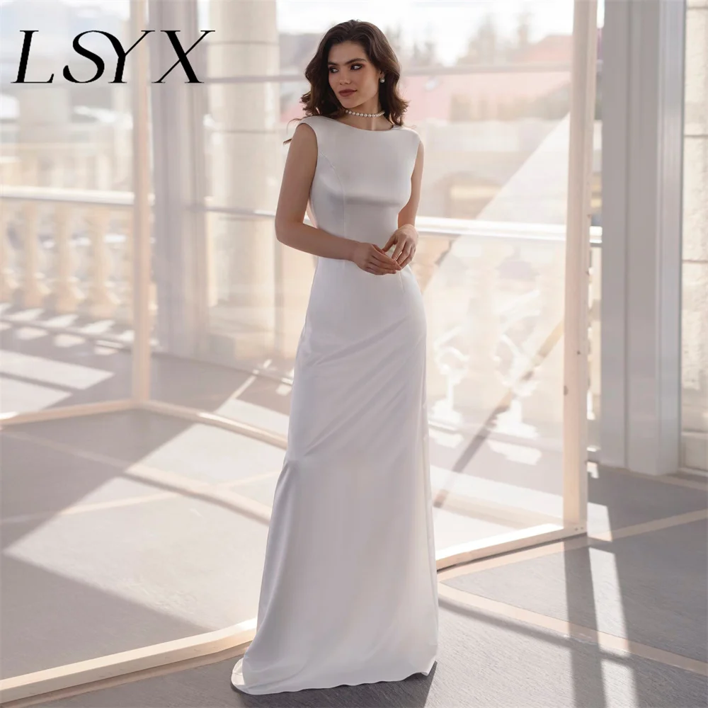 

LSYX Elegant Simple Sleeveless Crepe Boat-Neck Sheath Wedding Dress Open Back Sweep Train Bridal Gown Custom Made