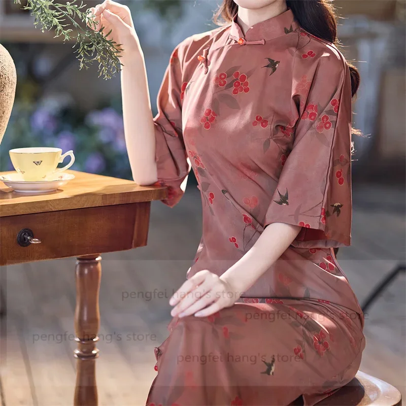 

Women Pink Striped Print Cheongsams 2025 New Chinese Style Dress Improved Qipao Tradition Mandarin Collar Vestidos Hanfu Dress