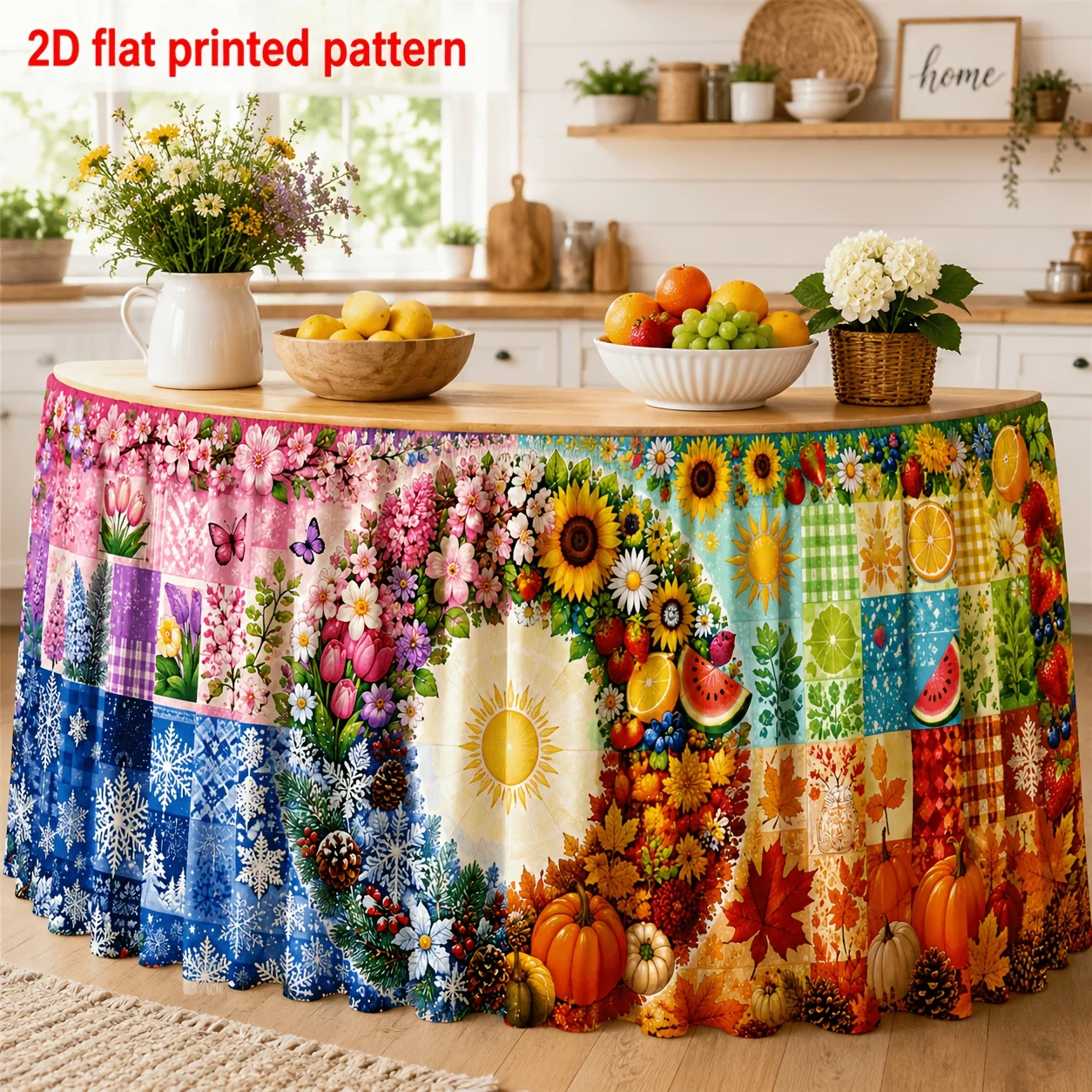 One table skirt. Four-season patchwork printed table skirt. Spring flowers. Summer fruits. Autumn pumpkins.xzj