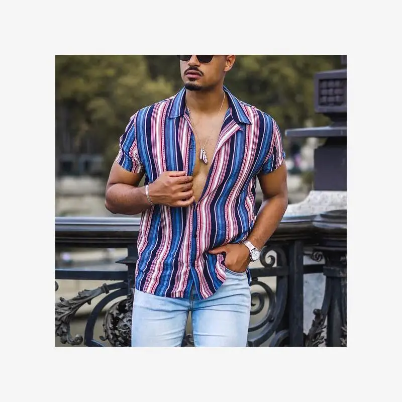 メンズ サマー イルト クール オーバーサイズ ハワイアン スタンドフィット ファッション アーバン オルト スヴェ ボタンダウン ユース ファッション ストライプ柄