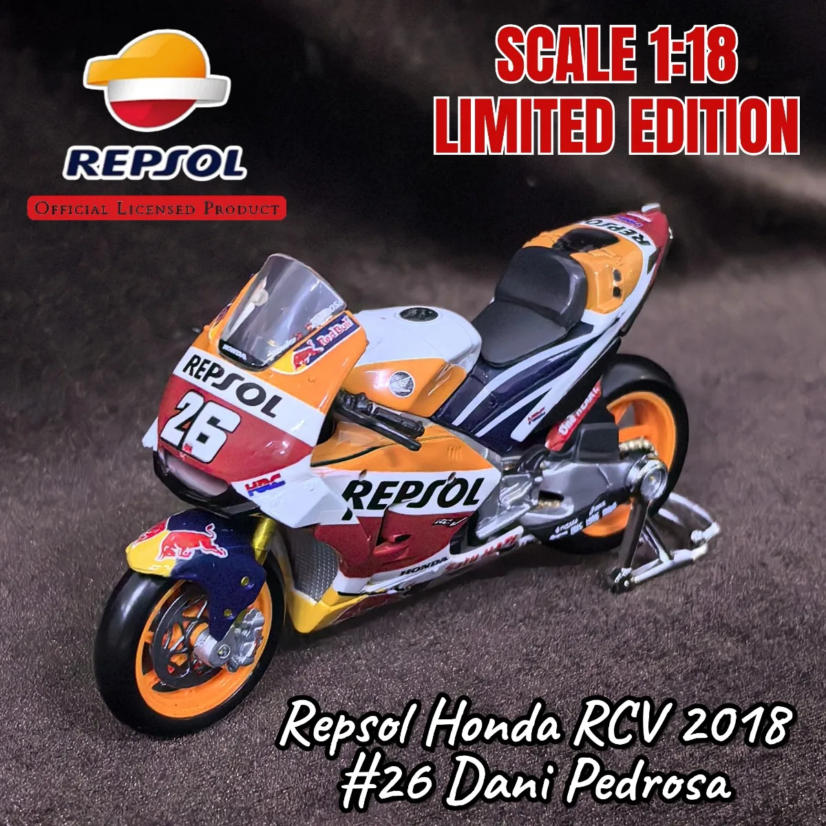 Honda RCV 2018 im Maßstab 1:18 # 26-Dos Pedrosa Mini-Motorradmodell, Nachbildung eines Auto-Miniatur-Weihnachtsgeschenkspielzeugs für Kinder