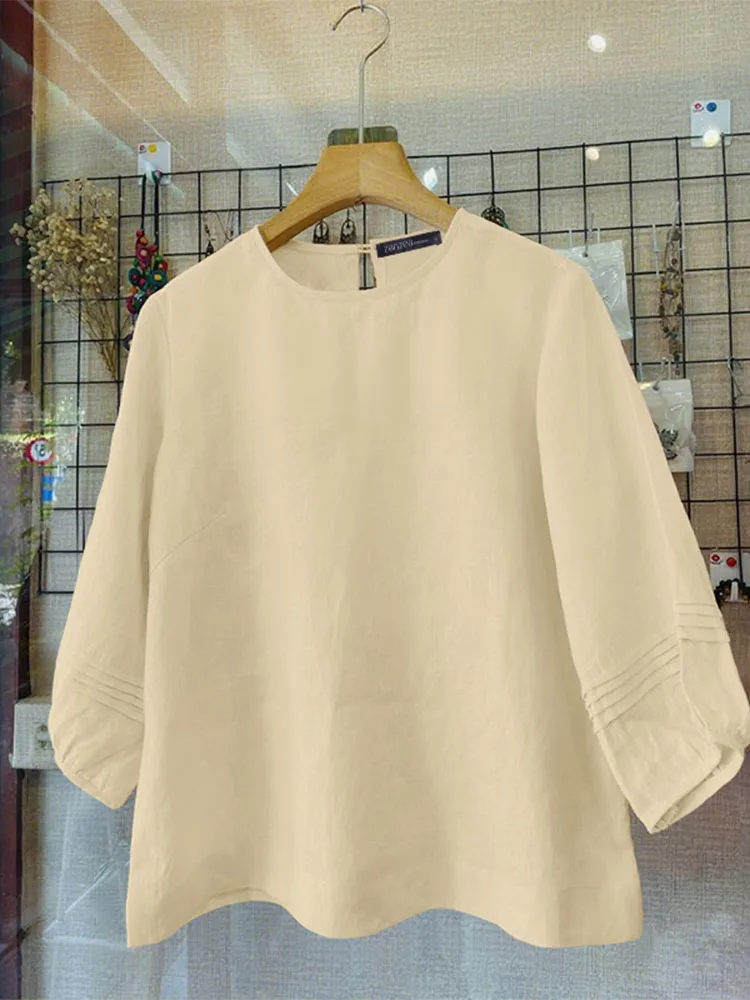 

ZANZEA Day Wear Повседневные блузки Летние однотонные женские топы с рукавами-фонариками 3/4 и манжетами-фонариками Blusas Mujer из хлопка и льна с круглым вырезом