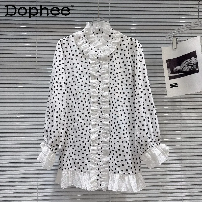 

2026 Spring New Sweet Temperament Cute Girl Polka Dot Long Shirt Loose Casual Daily Commute Long Sleeve Chiffon Blouse