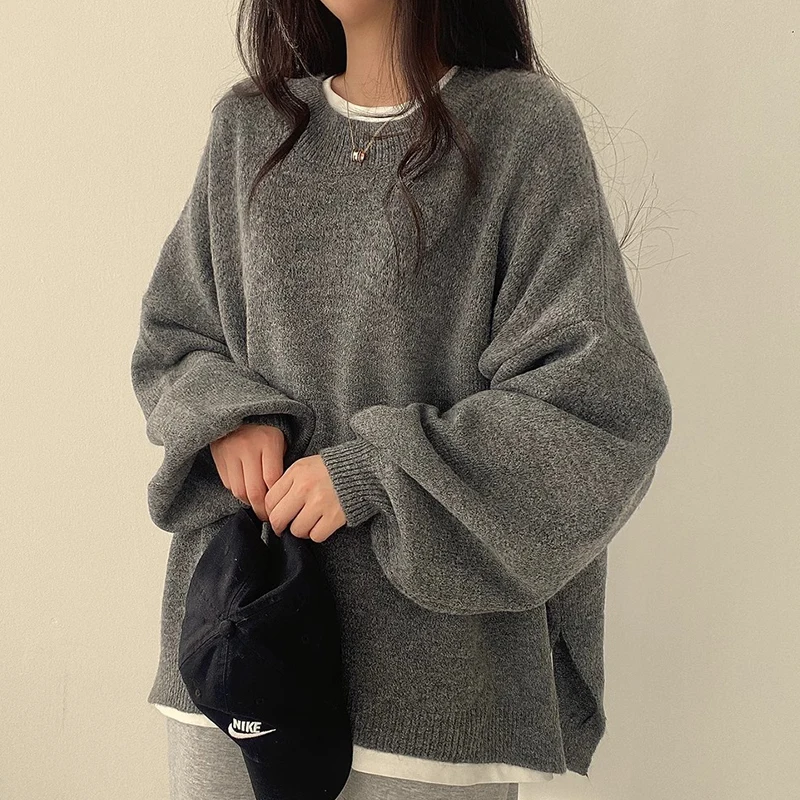 Pull Chic coréen pour femme, col rond, fente latérale, ample, polyvalent, manches lanternes, doux, tricoté, nouvelle collection automne/hiver