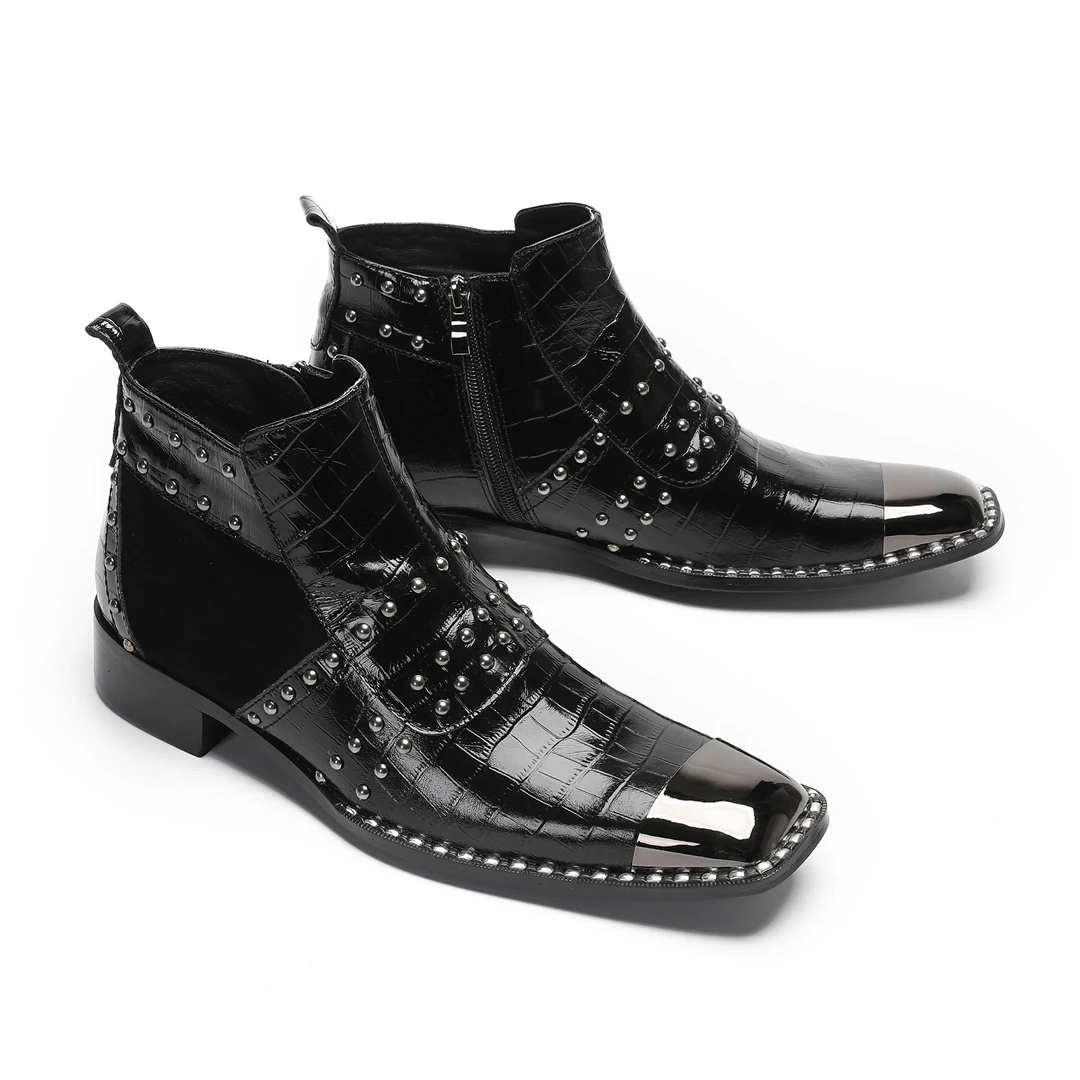 Rock metal square toe boots men's metal decoration high top side zipper boots British luxury handmade party men's shoes