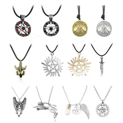 Retro Movie Supernatural Necklace Pentagram Pentacle Castiel Angel Wings Vintage Antique Silver Color Pendant Amulet Jewelry