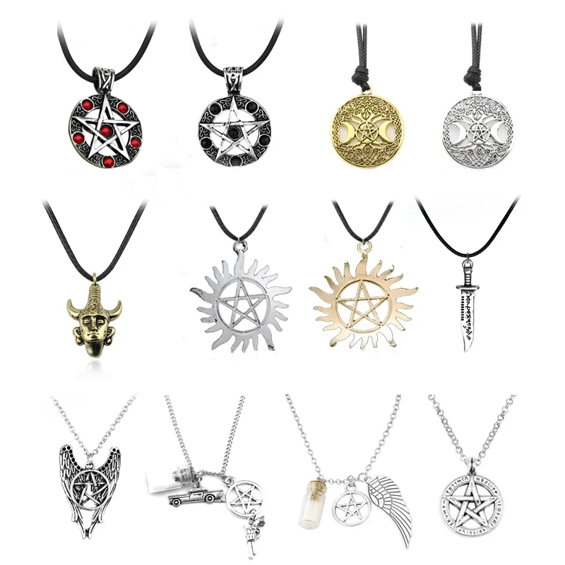 Movie Supernatural Necklace Pentagram Pentacle Castiel Angel Wings Vintage Antique Silver Color Pendant Amulet Jewelry