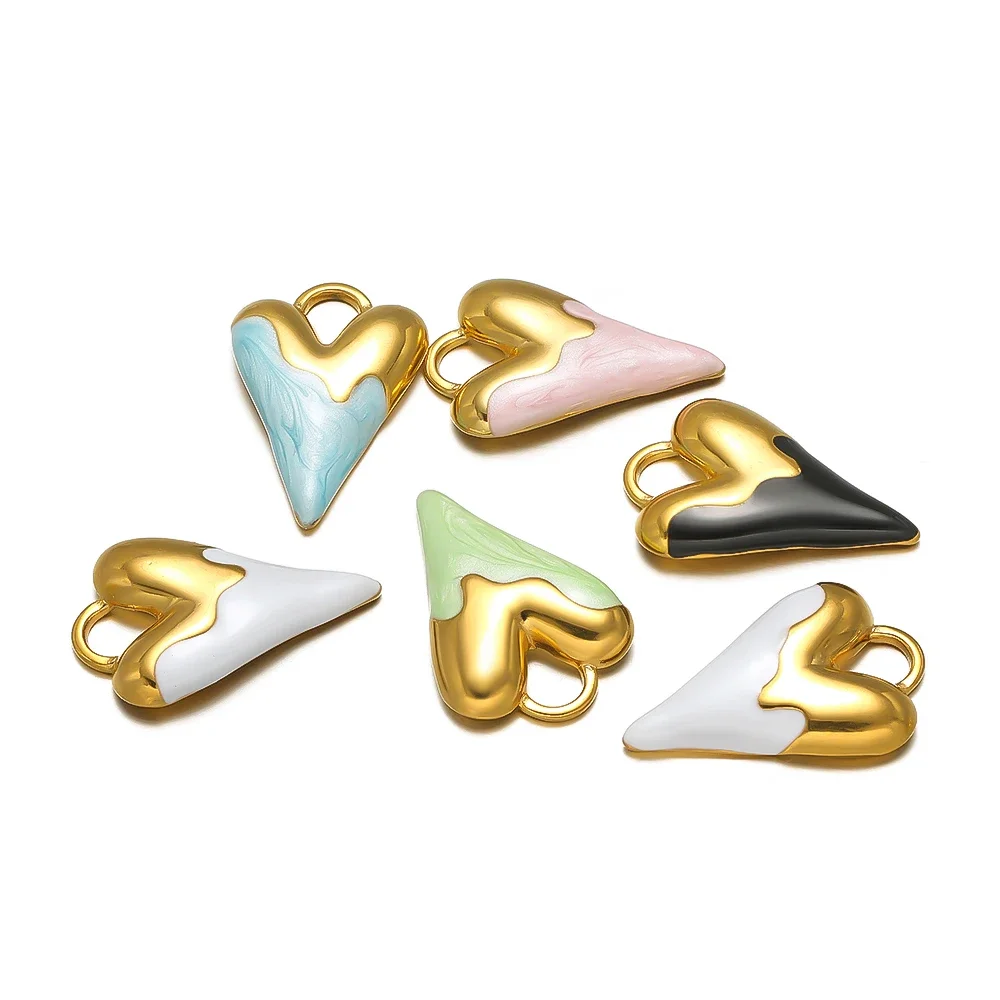 5pcs Stainless Steel Fresh Color Enamel Heart Charms Medal Pendants for DIY Jewelry Making Lovers Necklace Findings Supplies