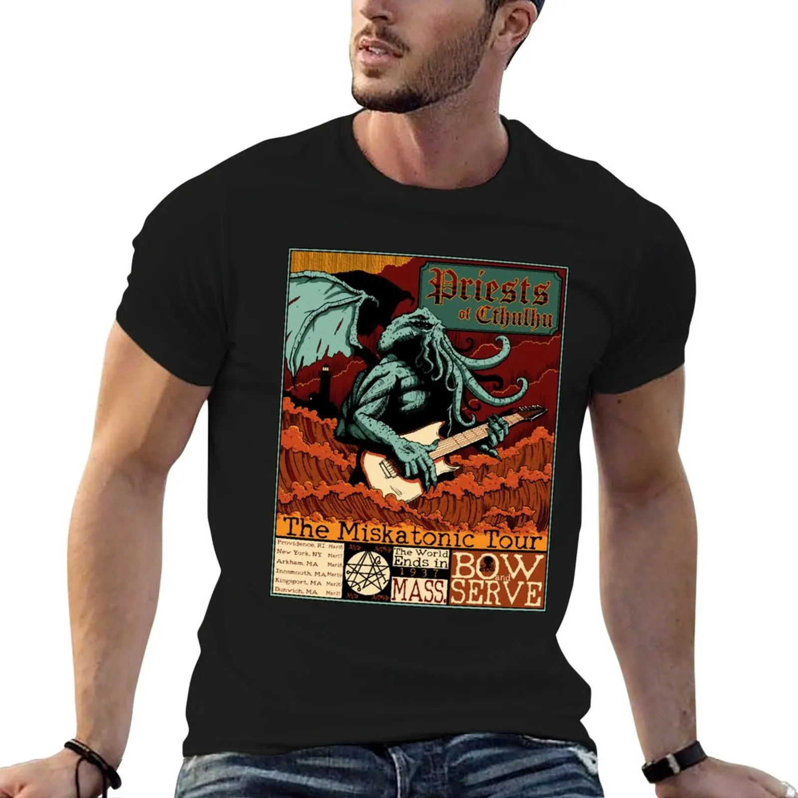 Cthulhu Miskatonic Rock Metal Music Tour Cosmic Horror Warm Colors T-Shirt Casual Loose Daily Wear T-Shirt