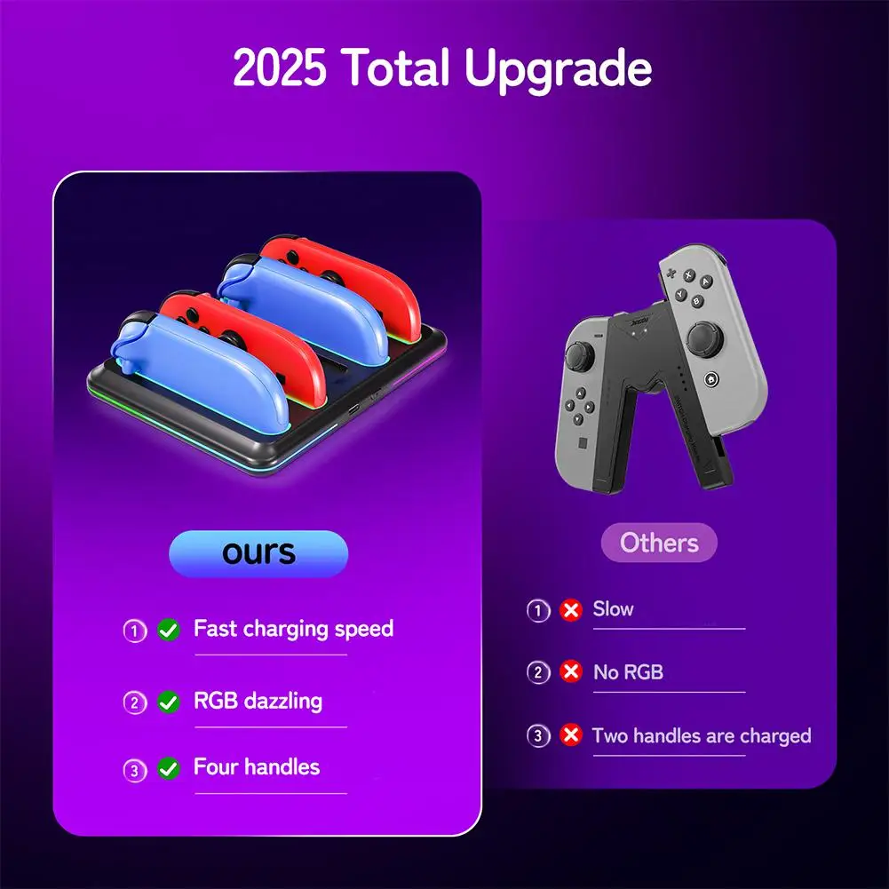   قاعدة شحن وحدة تحكم الألعاب نينتندو سويتش 2 مع أضواء ملونة RGB رائعة لوحدة تحكم ألعاب Joycon سريعة