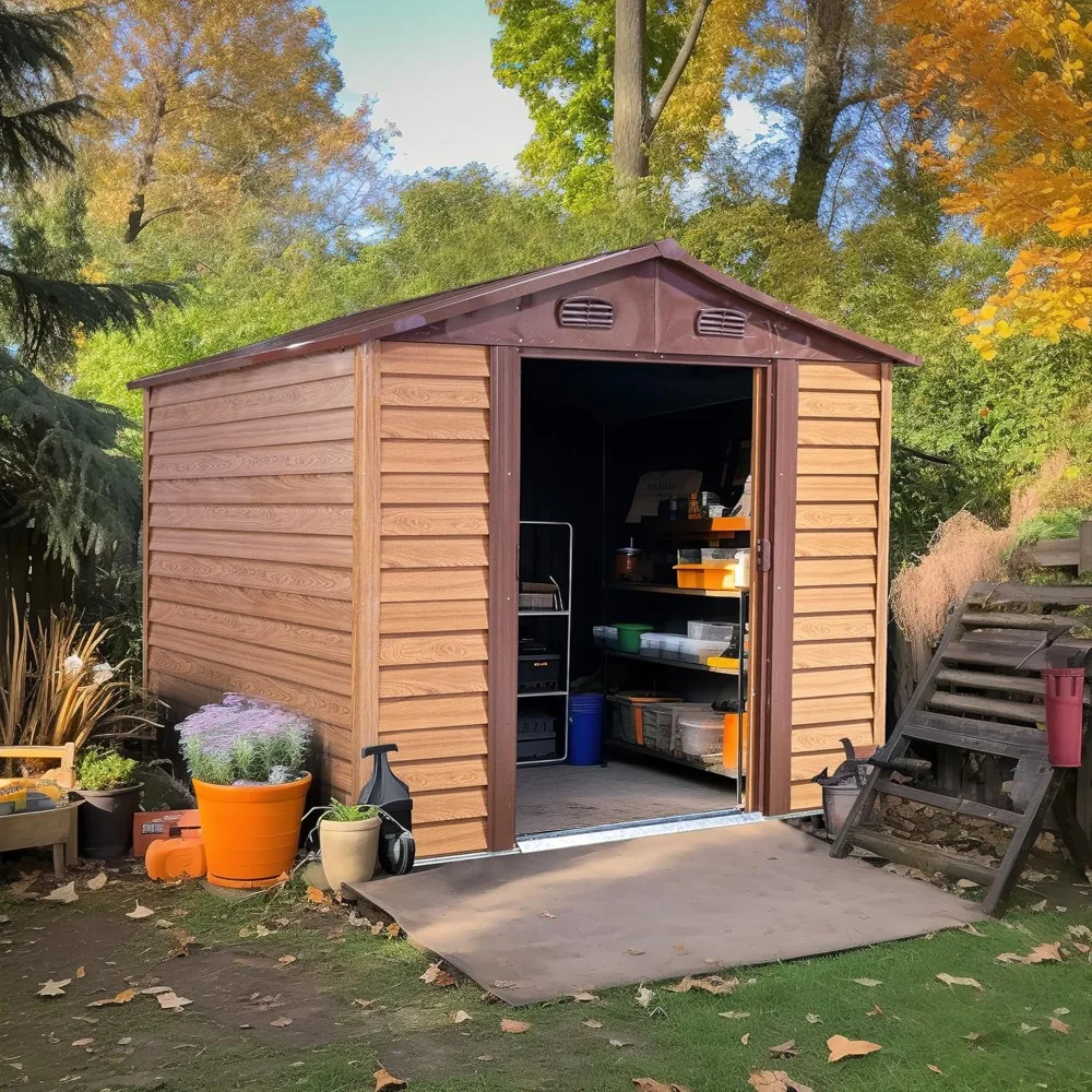 

8'x6' Outdoor Storage Shed, Metal Storage Shed Large with Lockable Door, Outdoor Sheds Storages Tools House (Wood)
