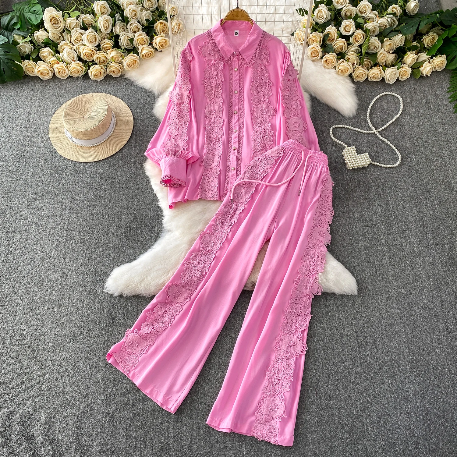 

SuperAen корейский стиль розовый кружевной лоскутный воротник-поло с длинными рукавами повседневная рубашка с высокой талией широкие брюки комплект из двух предметов