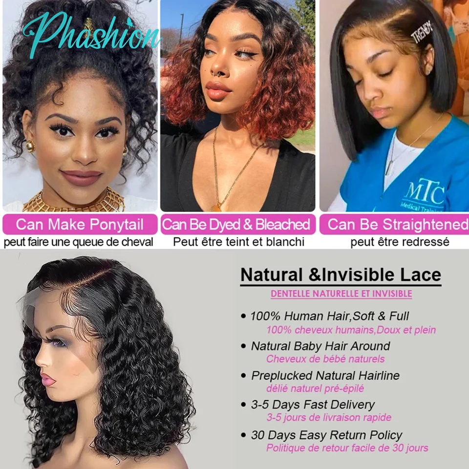 Phashion 13x4 Deep Curly Short Bob Wig Full Lace Frontal Human Hair Wigs For Black Women HD Transparent Lace Front Ready To Wear