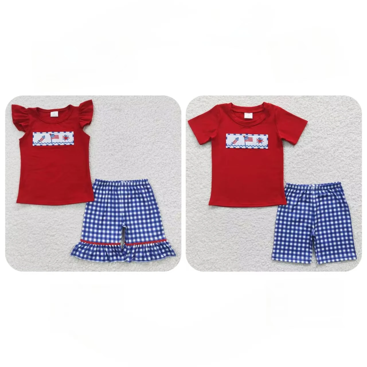 Vendita all'ingrosso Baby Boy Girl 4 luglio Outfit Bambino Bandiere ricamate Camicia rossa in cotone Set estivo per bambini Pantaloncini scozzesi blu per bambini