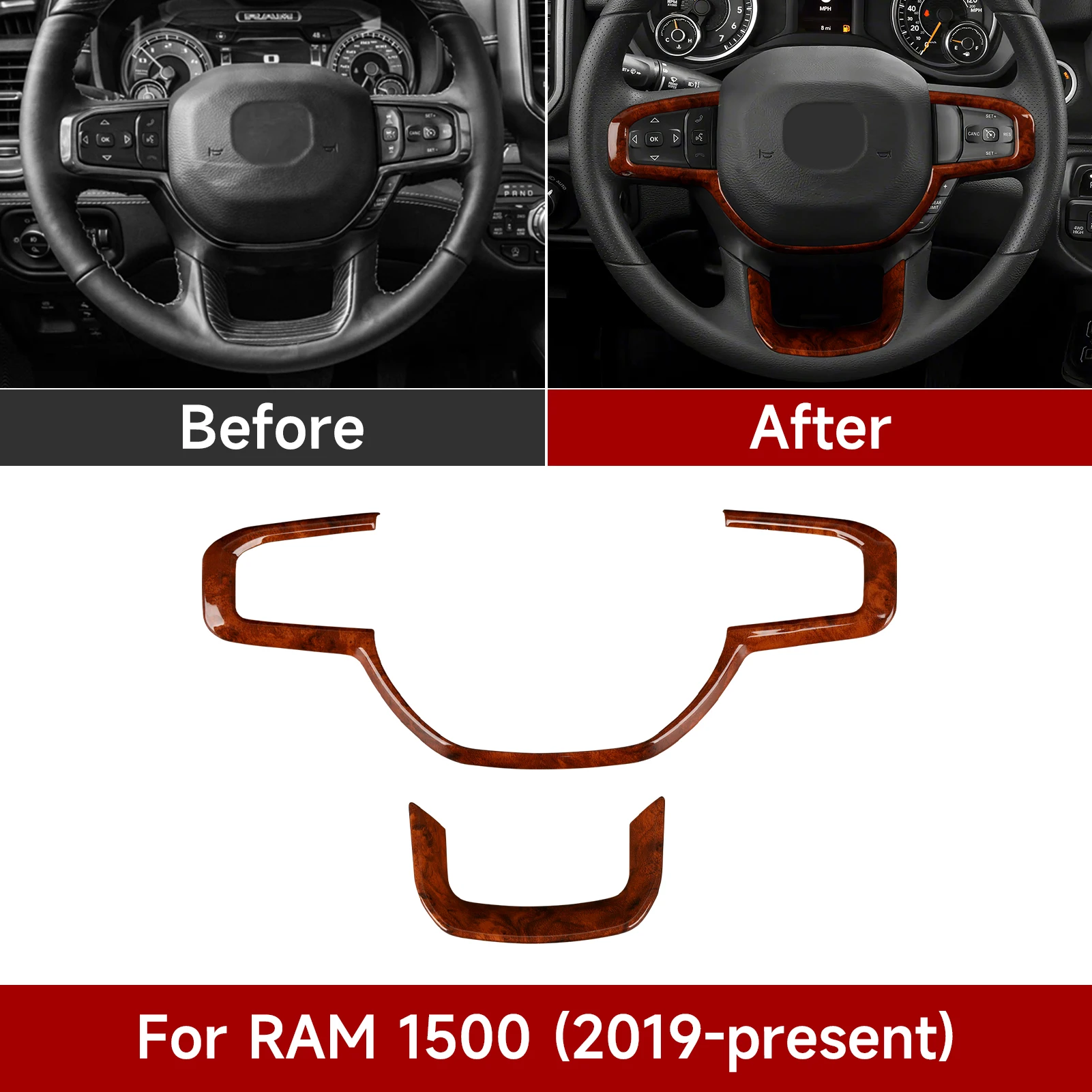 Для Dodge RAM 1500 2019-2026. Накладка на панель кнопок рулевого колеса. Декоративная наклейка под дерево. Аксессуары из АБС-пластика.