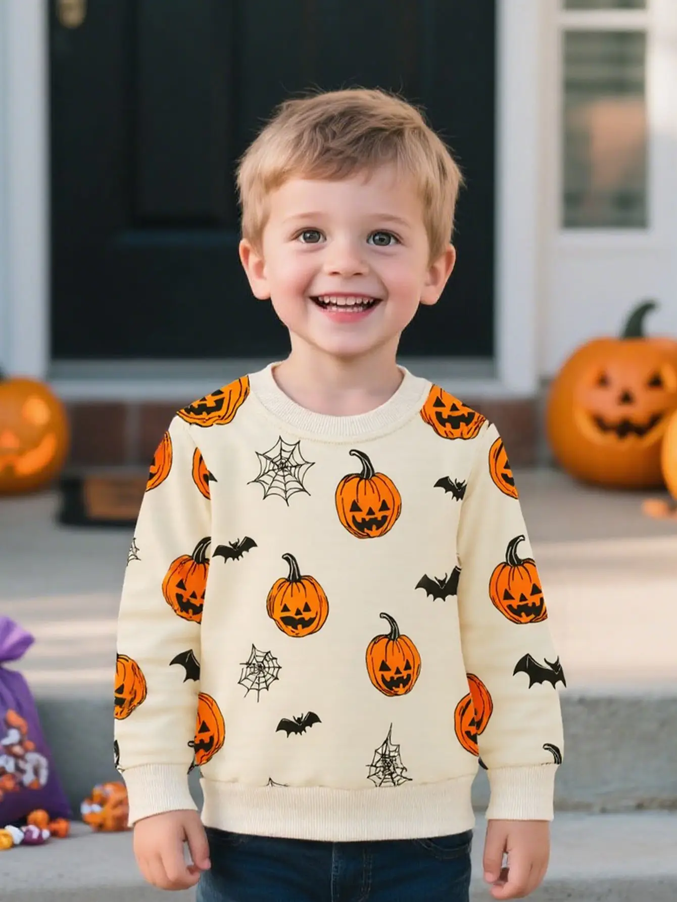 Halloween jongenshoodie met lange mouwen, puur katoen, ronde hals cartoon pompoenvleermuispatroon lente en herfst outdoor casual trui
