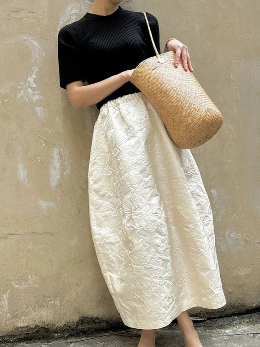 New Chinese Style Embossed Floral Half Skirt High Waist Long Summer Casual Women's Skirt Bouffant Skirt A-Line Silhouette