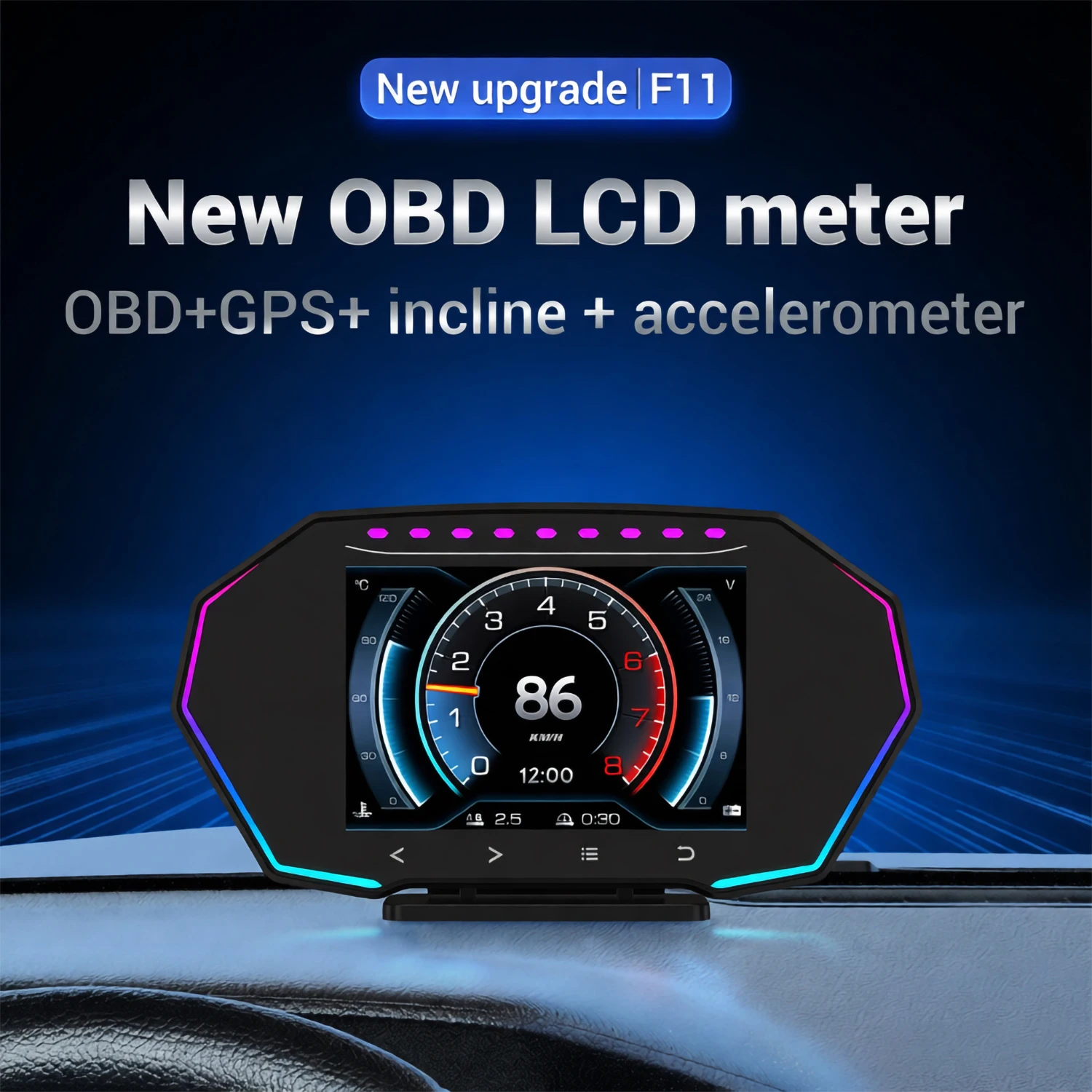 

F11 Car HUD OBD2+GPS+Incline+Accelerometer Head Up Display Turbine Pressure Speed RPM Water Temp Overspeed Voltage Alarm
