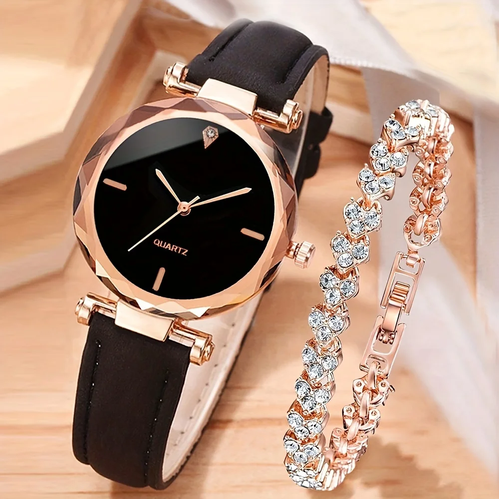 

1pc Round Pointer Quartz Watch Casual Analog Wristwatch With PU Leather Strap & 1pc Bracelet, Gift For Mom/Girlfriend