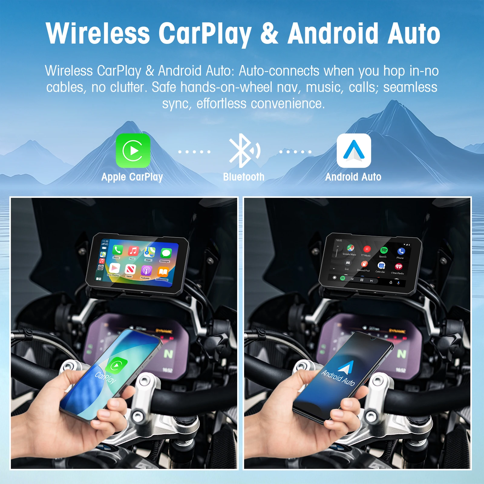 5 Inch IP67 Waterproof Motorcycle Touch Screen with Wireless CarPlay Android Auto Fast Boot for Motorcycle E-Bike ATV Navigation view 2