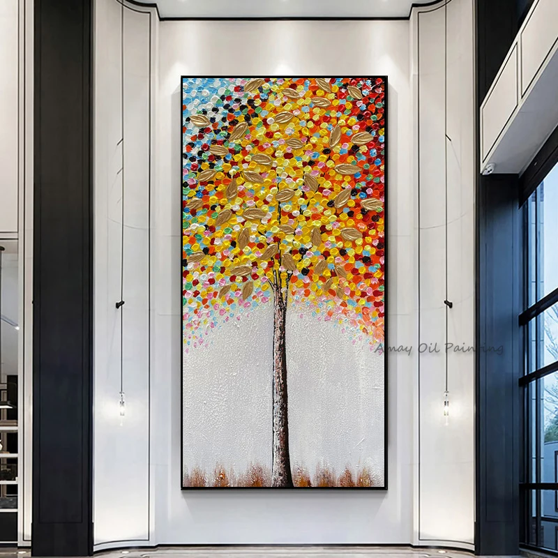 Handpainted Vertical Abstract Tree Oil Painting Thick Textured Gold Leaf Fortune Tree Wall Art Modern Entryway Home Decor