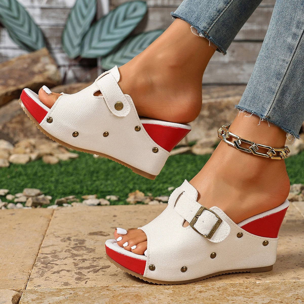 Summer Women Sandals Espadrille Wedge Mules Black Shoes White Adjustable Buckle Platform Sandals Rivet Decor Slip-On Shoes