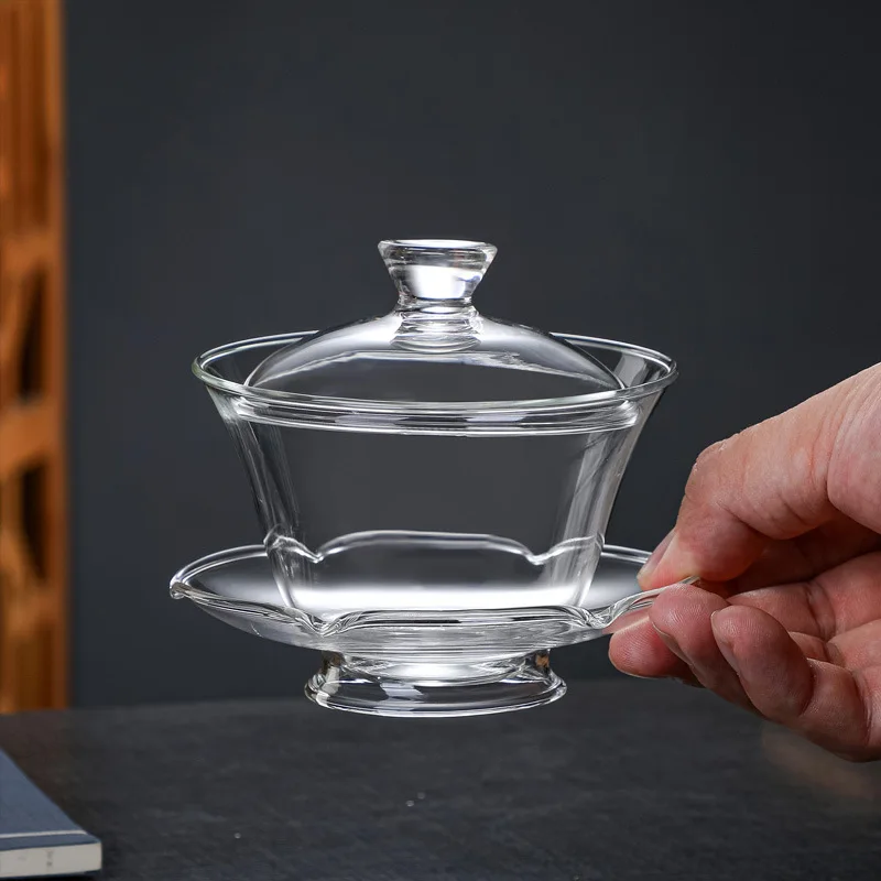 新しい手作り大型ガラス蓋付きボウル茶碗功夫茶セット厚みのある透明な茶こし茶道用