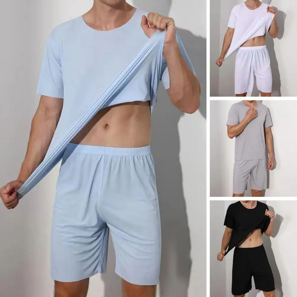 Camiseta esportiva masculina de manga curta e shorts de perna larga, confortável Homewear, pijamas em tecido de seda gelo, conjunto treino