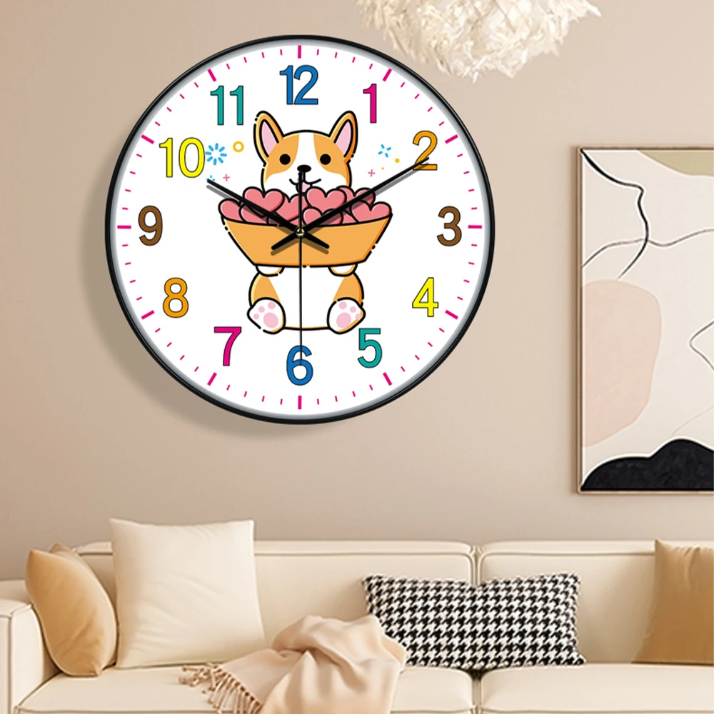 

Cartoon Dog Wall Clock ABS Plastic Frame Colorful Number Clock For Children's Room Living Room Bedroom Creative Analog Clock