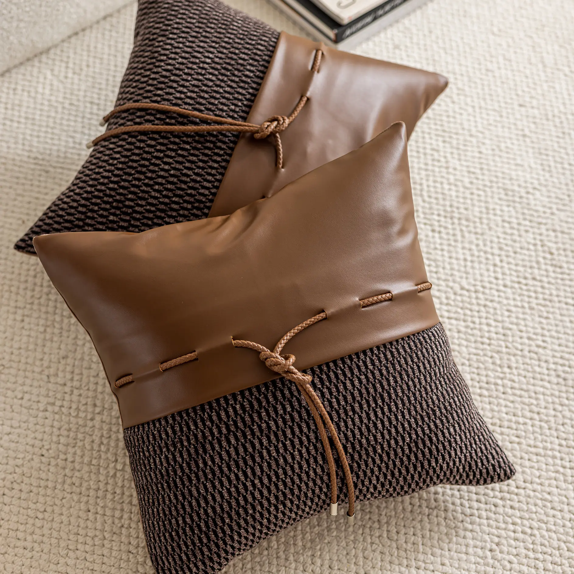 Quiet Luxury brown/black/red Patchwork Leather Pillow Case with Drawstrings Sofa Cushion cover for Lumbar Pillow