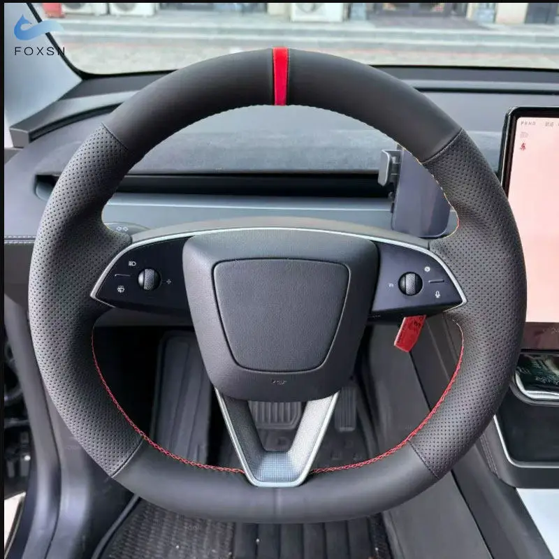 Car Interior Steering Wheel Perforated Leather Cover Decoration Trim For Tesla Model 3 Highland 2024 with Needles Threads