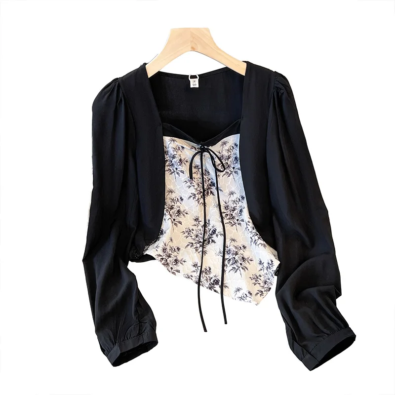 plus Size Spring Floral Print Shirt Short Fake Two-Piece Slimming for Plump And Spicy Girls Korean Style Square Collar Casual...