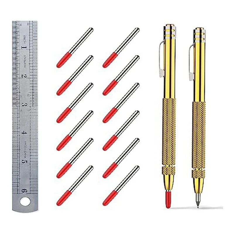 2 Pack Tungsten Carbide Scriber With Magnet,With Extra 12 Parts Accessories Marking Tip And 6-Inch Ruler,For Metal Sheet.