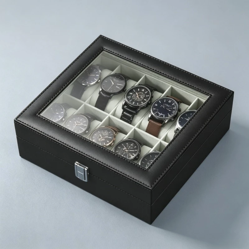 3/6/10 Plaid Watch Display Box Transparent Glass Top Detachable Pillow PU Leather Watch Storage Box Jewelry Collection Gifts
