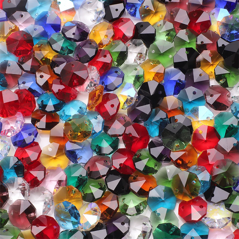 40 Pcs 14mm Mixed Crystal Glass Octagonal Loose Beads With 2holes For DIY Making Wedding Dress Jewelry And Curtain Decoration