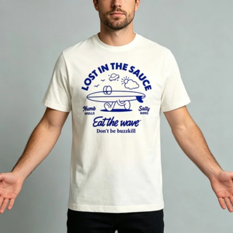 Herren-T-Shirt aus 100 % Baumwolle mit kurzen Ärmeln, Lost In The Sauce Eat The Wave Retro Surf Print, lässiges Basic-T-Shirt mit Rundhalsausschnitt